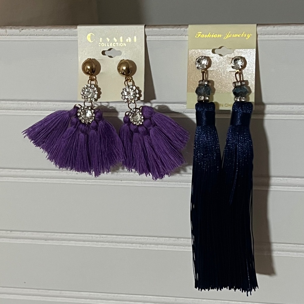 Set of Two Purple Tassel‎ Earrings Blue Tassel Earrings Set Boho